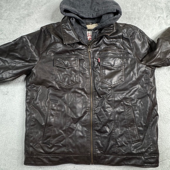 Levis Mens Faux Leather Sherpa Lined Hooded Trucker Jacket Brown XL RN54163 - Picture 12 of 12